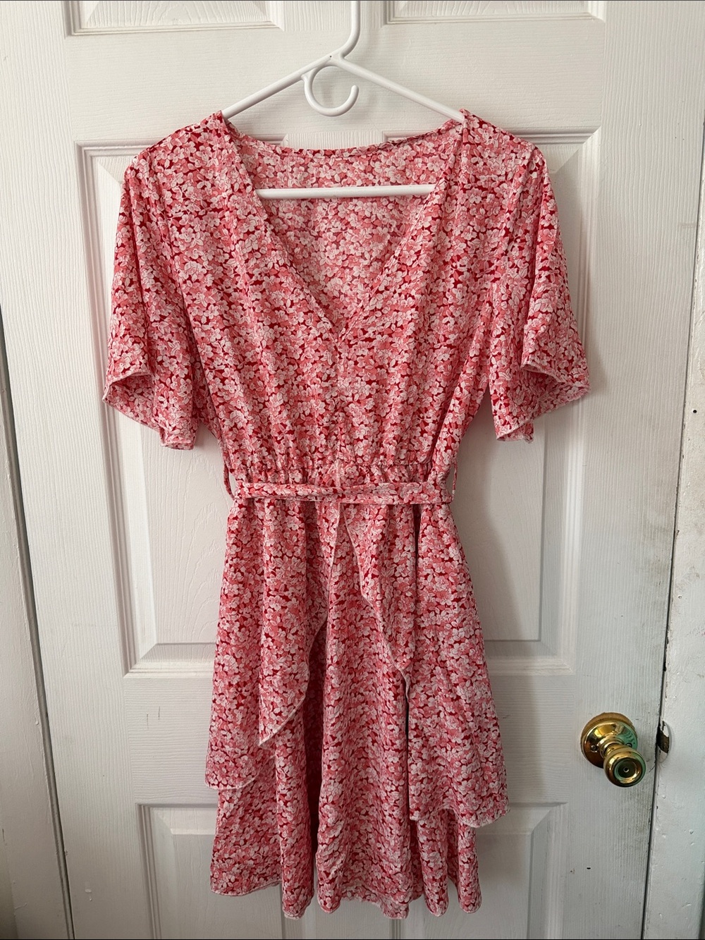 Floral Pink V-Neck Tie-Waist Dress